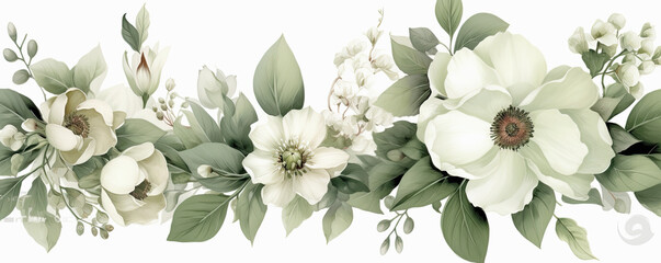  fondo blanco con cenefa  flores blancas y hojas verdes. Concepto invitaciones para celebraciones, aniversarios, cumpleños y bodas