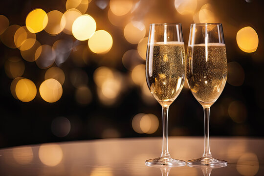  dos copas de cristal de champan sobre fondo desenfocado de bokeh dorado.concepto de celebracion. ilustracion de ia generativa