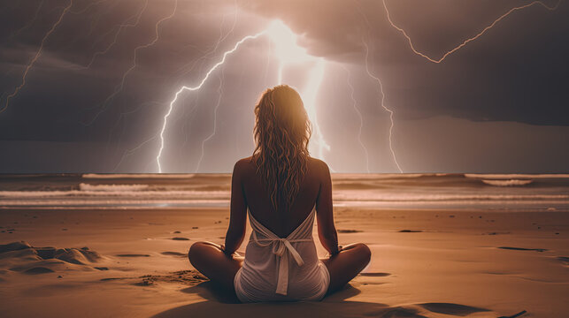 Mujer de espaldas meditando en la playa durante una tormenta con rayos sobre su cabeza. concepto problemas mentales y dolores de cabeza.  ilustracion de ia generativa