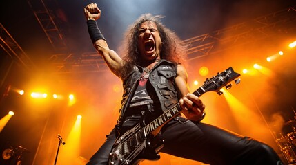 Thrash Metal Mania: Hispanic Man Rocking the Mid-'80s Style, Shredding the Guitar with Fiery Passion