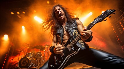 Thrash Metal Mania: Hispanic Man Rocking the Mid-'80s Style, Shredding the Guitar with Fiery Passion