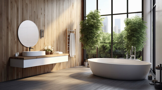 Cuarto de ba&ntilde;o moderno con azulejos y madera en tonos claros, ilustracion de ia generativa