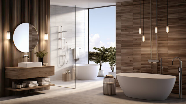 Cuarto de ba&ntilde;o moderno con azulejos y madera en tonos claros, ilustracion de ia generativa