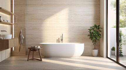 Cuarto de baño moderno con azulejos y madera en tonos claros, ilustracion de ia generativa