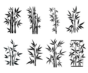 Bamboo stems with leaves black silhouette, tropical plants vector set