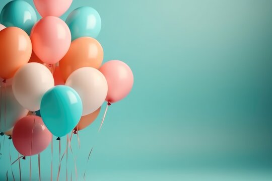 pastel helium balloons on pastel background with copy space. for birthday, happiness and holiday concept. 