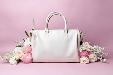 Classic women's white handbag decorated with fresh spring flowers isolated on a light pastel pink flat background with copy space. 