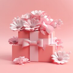 cake shaped pink gift boxes with ribbon on pink background.holiday concept. copy space