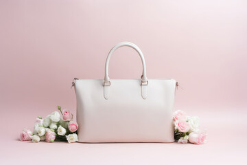 Fototapeta na wymiar Classic women's white handbag decorated with fresh spring flowers isolated on a light pastel pink flat background with copy space. 