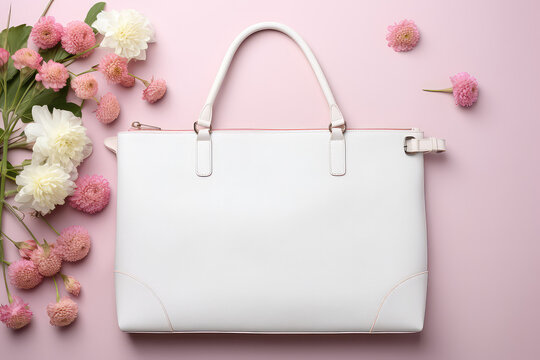 Classic women's white handbag decorated with fresh spring flowers isolated on a light pastel pink flat background with copy space. 