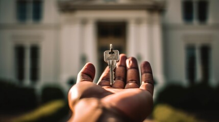 the hand of a man holds a key against the backdrop of the House . real estate investment or mortgage - obrazy, fototapety, plakaty