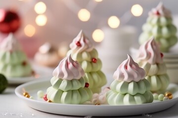 Dessert in the form of a marshmallow Christmas tree on the table against the backdrop of Christmas illumination. winter atmosphere. New Year or Christmas sweets. 