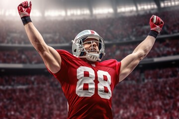 American Football Player Scores a Touchdown.American football player celebrates scoring a touchdown in front of a roaring stadium crowd