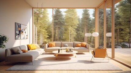 Lounge near glass window in bright living room of modern generative ai