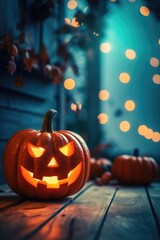 Halloween scary pumpkin, candles and dry leaves on the background of the evening house. halloween background. 