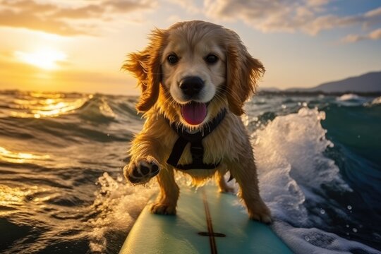 Dog surfing on a wave.Sunny day. Summer concept. 