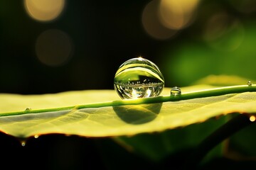 Serene water drop on a leaf with green in the background, Generative AI