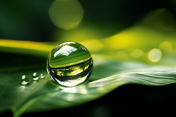 Serene water drop on a leaf with green in the background, Generative AI