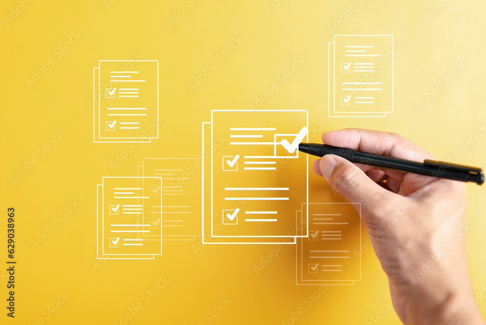 Poster Online survey filling out and digital form checklist by laptop computer, Document Management Checking System, online documentation database and process manage files.