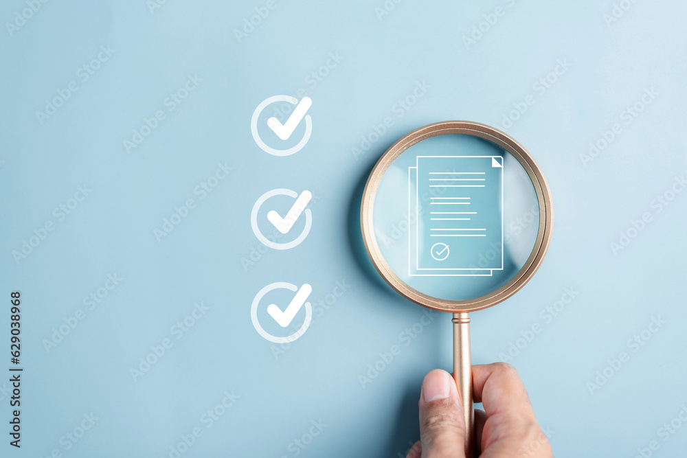 Poster Online survey filling out and digital form checklist by laptop computer, Document Management Checking System, online documentation database and process manage files.