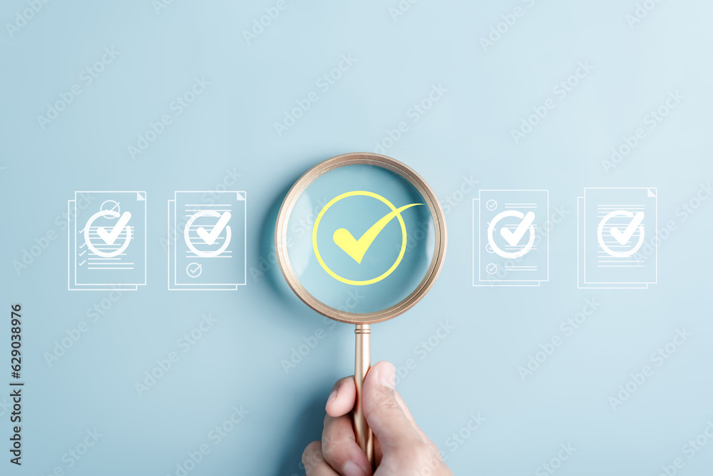 Aufkleber Document Management Checking System, online documentation database and process manage files, Magnifier check and focus to document folder, documentation. Corporate business technology concept.