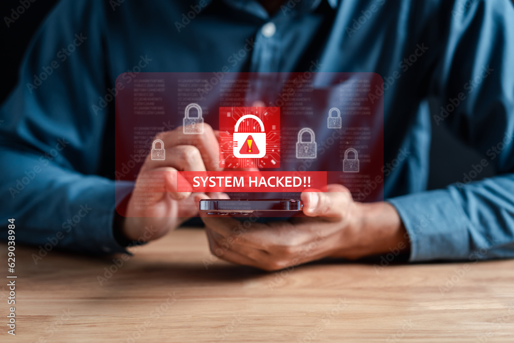 Aufkleber Alert System hacked popup on screen, spam virus with warning caution for notification on internet security protect, code and cyber security and phishing spyware and compromised information...