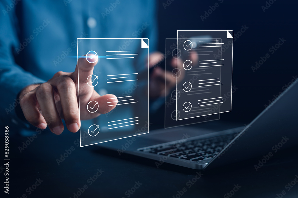 Aufkleber Online survey filling out and digital form checklist by laptop computer, Document Management Checking System, online documentation database and process manage files.