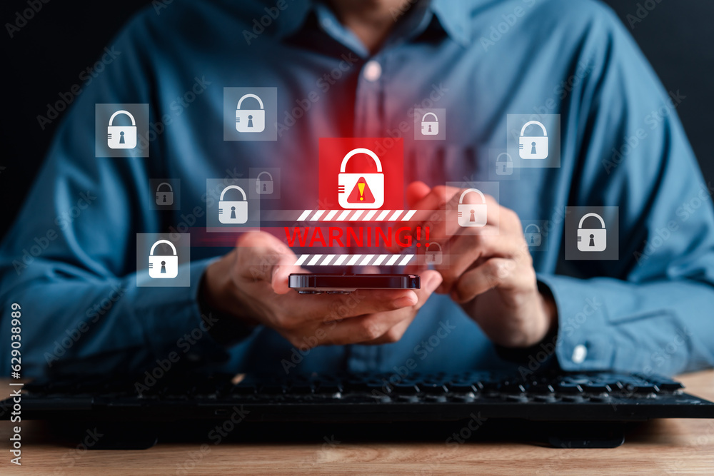 Poster Alert System hacked popup on screen, spam virus with warning caution for notification on internet security protect, code and cyber security and phishing spyware and compromised information...