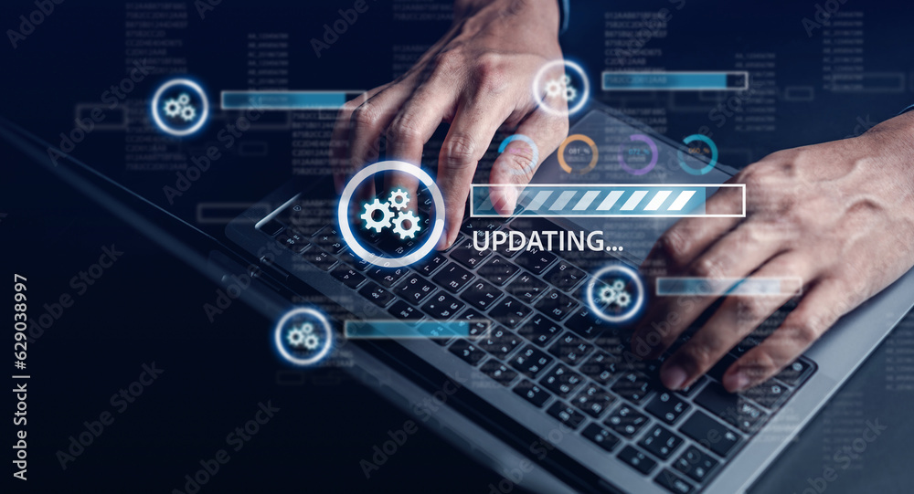 Aufkleber Update software and installing new version system in computer. Man upgrade program, Business technology internet loading bar with installing the update for the quality better.