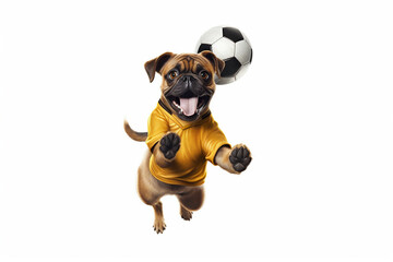 funny french bulldog in the form of a football player with a soccer ball on a white background.