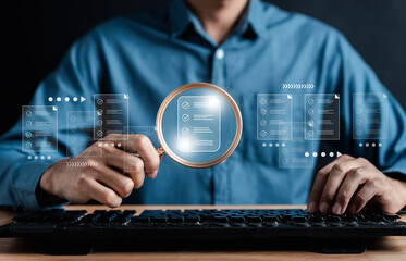 Online survey filling out and digital form checklist by laptop computer, Document Management...