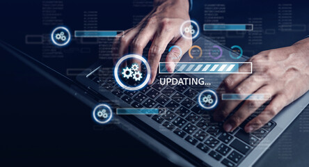 Update software and installing new version system in computer. Man upgrade program, Business technology internet loading bar with installing the update for the quality better. - obrazy, fototapety, plakaty