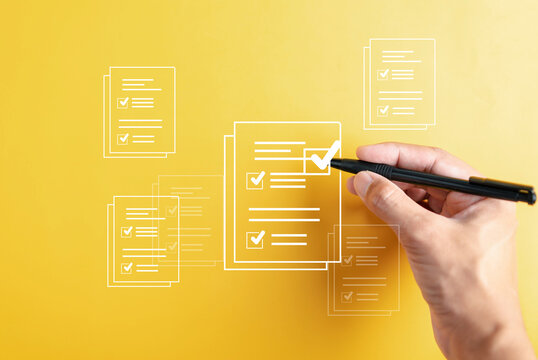 Online Survey Filling Out And Digital Form Checklist By Laptop Computer, Document Management Checking System, Online Documentation Database And Process Manage Files.