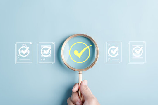 Document Management Checking System, online documentation database and process manage files, Magnifier check and focus to document folder, documentation. Corporate business technology concept.