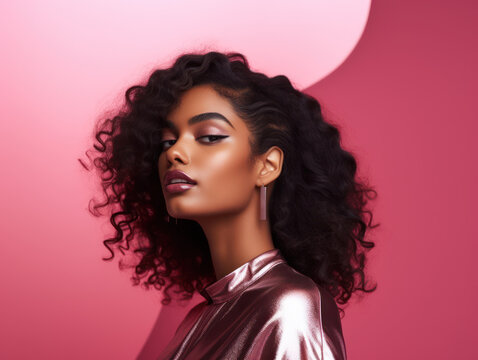 beautiful black woman against pink background, black fashion shoot portrait