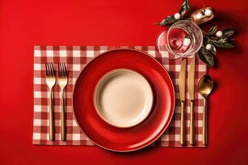 Obraz na płótnie Canvas Christmas table setting and spruce branch on a red background. top view. 