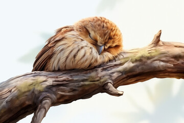 tranquil and serene view of small owl bird sound asleep on wooden branch in tree. wildlife, nature, symbol of serenity and calmness