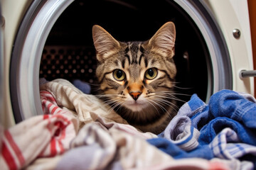 adorable cat peering out from behind door of front-loading washing machine, surrounded by pile of dirty laundry. domestic animals hiding, laundry-related, pet safety near appliances, or household tips