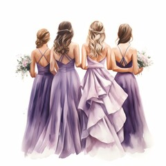 bridesmaids in long dresses standing back to back, isolated on white