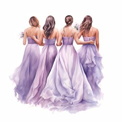 bridesmaids in long dresses standing back to back, isolated on white