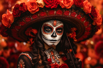 close-up young woman with make-up at the festival Day of the Dead - Dia de los Muertos - a holiday dedicated to the memory of the dead.against the backdrop of illumination.generative Ai