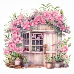 Fototapeta na wymiar Watercolor wooden house with flowers. Hand drawn illustration 