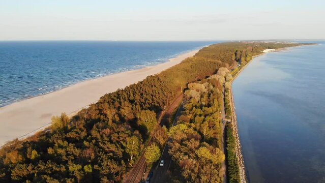 Polwysep Helski Aerial Drone View. Zachod Slonca. Jurata Hel Chalupy Wakacje nad morzem Lipiec 2023