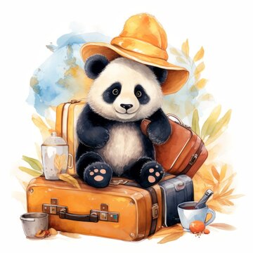 Watercolor illustration of a panda in a hat and scarf sitting on a suitcase.