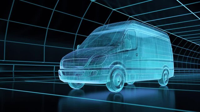 Wireframe of a van car driving through a tunnel. Camera moves slowly showing wireframe view of a transportation vehicle.