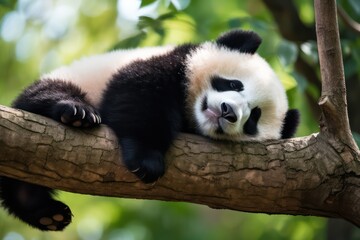 Fototapeta premium Panda Bear Sleeping on a Tree Branch, China Wildlife.
