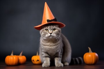 Portrait photo of cute brown tabby cat wearing Halloween concept hat. Studio shot Scottish fold cat on with background with Halloween costume. - obrazy, fototapety, plakaty