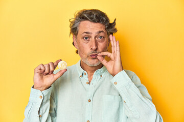 Man holding a physical bitcoin, yellow backdrop with fingers on lips keeping a secret.