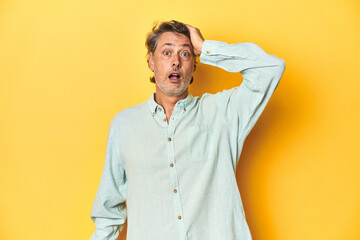 Obraz premium Middle-aged man posing on a yellow backdrop being shocked, she has remembered important meeting.