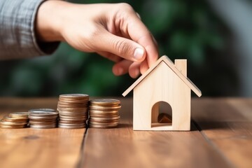 Saving for a dream house. Close up of a man hand putting coin into a mock up wooden house.